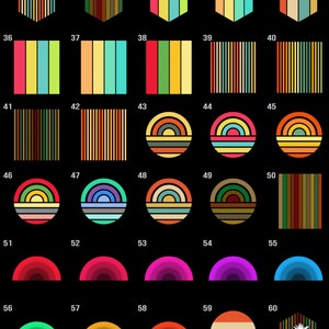 May include: A set of 60 retro-style digital illustrations featuring various geometric shapes, stripes, and rainbows in a variety of colors. The illustrations are arranged in a grid pattern.