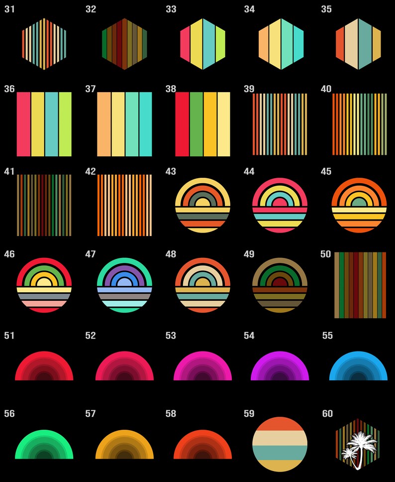 May include: A set of 60 retro-style digital illustrations featuring various geometric shapes, stripes, and rainbows in a variety of colors. The illustrations are arranged in a grid pattern.