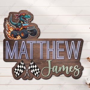 Letrero de madera personalizado con nombre de camión monstruo para guardería, bandera a cuadros de carreras de conductor de camión personalizado, decoración de pared para baby shower, regalo de cumpleaños para niño y niña