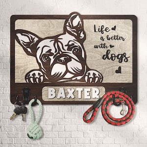 Custom Wooden Leash Holder For Wall Personalized Bulldog Paw Print Key Holder Mudroom Leash Hanger Engagement Gift Dog