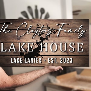 Cognome personalizzato per cabina familiare Lake Lanier, cartello per pallet in legno, casa sul lago in legno personalizzata, anniversario di fidanzamento di matrimonio stabilito