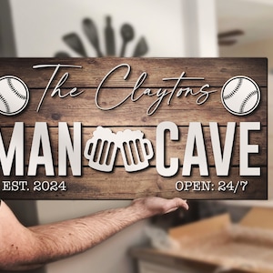 Letrero de madera personalizado con nombre para cueva de hombre, letrero de béisbol personalizado, bar, cabaña de madera, habitación rústica, decoración del hogar, sótano, bar, regalo de Navidad