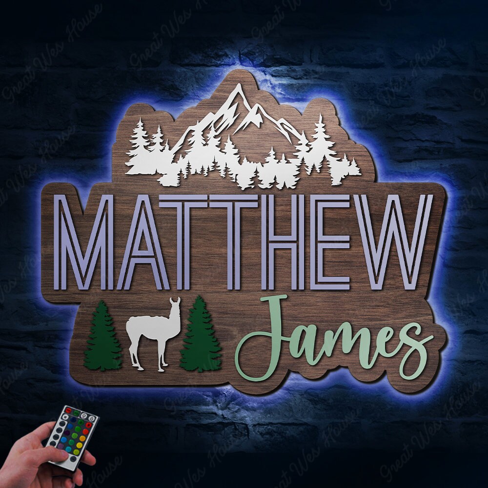 Custom Guanaco Woodland Wood Nursery Name LED Lights Sign Personalized Wildlife Wooden Wall Room Decor Baby Shower Boy Birthday Gift