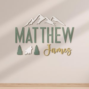 Nom personnalisé de chambre d&#39;enfant en bois de loup des bois, décoration murale personnalisée en bois de la faune, décoration de baby shower, cadeau unique pour chambre d&#39;enfant