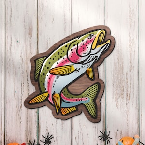 Regenbogen Forelle Angeln Holz Fisch Wand Kunst Große hölzerne Fischer Name Hängen Türschild Wanddekor Kind Jungen Mädchen Nursey Dekoration