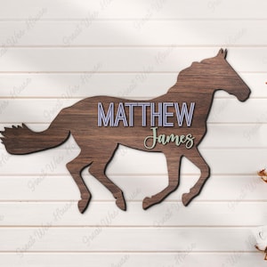 Personnalisé cheval 3D enfant en bois pépinière nom personnalisé grands animaux de safari décoration murale en bois baby shower garçon cadeau d&#39;anniversaire