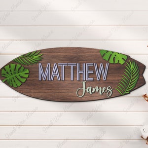 Custom Surfboard With Green Monstera Leaves Wood Nursery Name Sign Personalized Beach Wooden Wall Decor Board Hawaiian Summer Birthday Gift