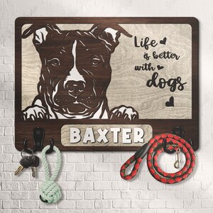 Custom Wooden Leash Holder For Wall Personalized American Pit Bull Paw Print Key Holder Mudroom Leash Hanger Engagement Gift Dog Wall Decor