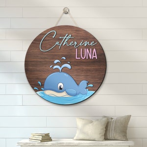 Custom Ocean Whale Wood Nursery Name Sign Personalized Beach Summer Wooden Above Crib Decor Baby Shower Girl Kid Room Decor New Baby Gift