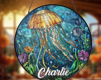 カスタムステンドグラス クラゲ サンキャッチャー ビーチ ライト