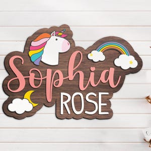 Benutzerdefinierte Unicon 3D Holz Kinderzimmer Runde Namensschild Personalisierte Regenbogen Name über Krippe Dekor Baby Shower Mädchen Kinderzimmer Geschenk