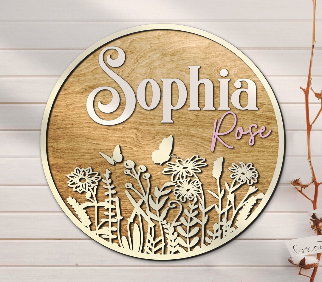 Custom Wild Floral Wood Nursery Name Sign Door Hanger Personalized ...