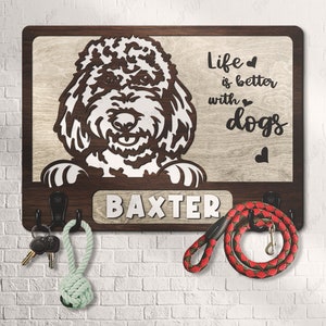 Custom Wooden Leash Holder For Wall Personalized Goldendoodle Paw Print Key Holder Mudroom Leash Hanger Engagement Gift Dog Wall Hanging