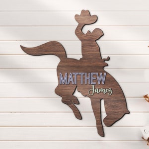 Letrero de madera personalizado con nombre de vaquero para montar a caballo, decoración de pared para cuna occidental de madera personalizada, regalo de cumpleaños para niño y niña