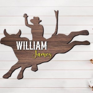 Custom Cute Bull Riding Rodeo Wood Nursery Name Sign Personalized Wooden Western Cowboy Crib Wall Decor Baby Shower Boy Girl Birthday Gift