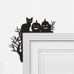 Halloween Cat Pumpkin Halloween Decor, Door Frame Zoombie Decor, Halloween Cat Gift, Door Corner Cat Sign, Funny Black Cat Gift,Door Topper