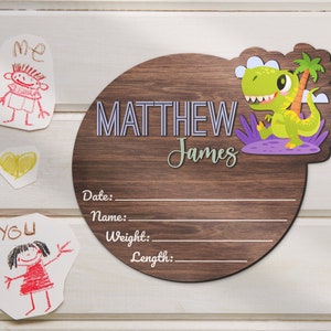 Baby Girl Name Sign With Dinosaur Wooden Name Sign, Custom Birth Hospital Sign, Wooden Birth Announcement Welcome For Newborn Baby Girl Boy