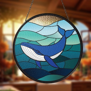 Blue Whale Stained Glass Suncatcher Window Hanging Decor Natural Motive Lover Gift For Mom Whale Ornament, Blue SunCatcher Home House Decor