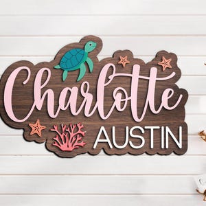 Custom Sea Turtle 3D Wood Nursery Name Sign Personalized Ocean Beach Funny Name Wooden Above Crib Decor Baby Shower Girl Kid Room Gift