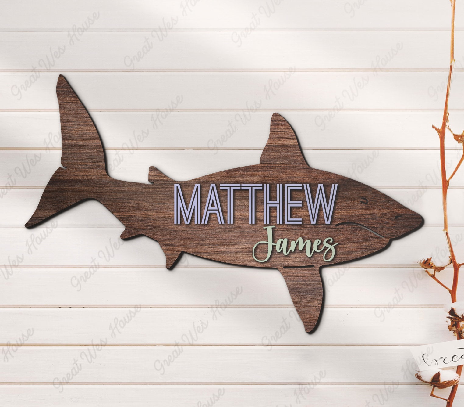 Custom Basking Shark 3D Kid Wood Nursery Name Sign Personalized Large Beach Shark Lover Wooden Wall Decor Baby Shower Boy Birthday Gift