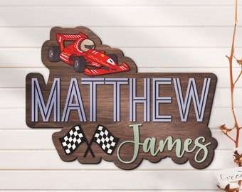 Custom Race Car Wood Nursery Name Sign Personalized Wooden Sprint Car Racing Checkered Flag Wall Decor Baby Shower Boy Girl Birthday Gift