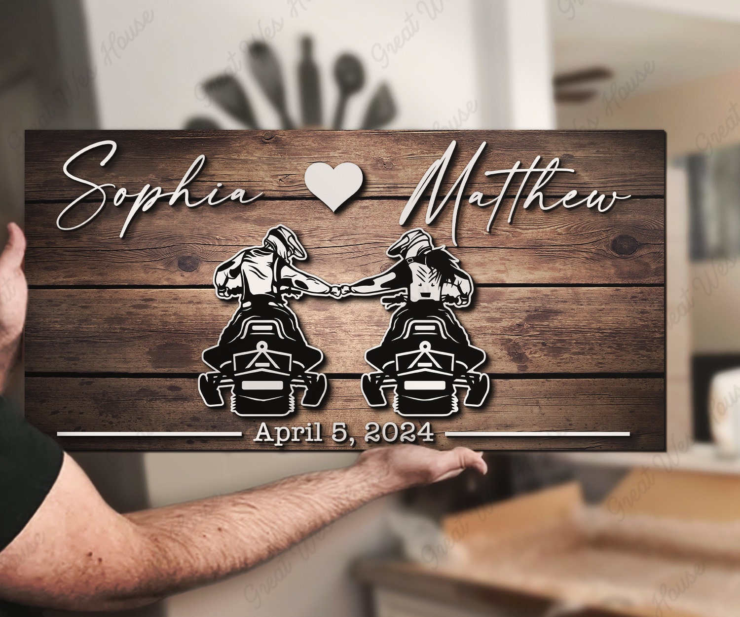 Custom Snowmobile Couple 3D Family Last Name Wood Sign Personalized Established Wedding Engagement Anniversary Gift Home Decor
