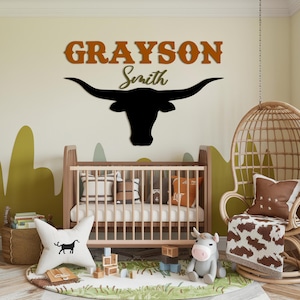 Custom Cute Cowboy Wood Nursery Name Sign Personalized Wooden Western Crib Wall Decor Baby Shower Boy Birthday Gifts Longhorn Theme