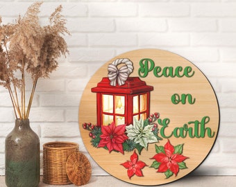 Peace On Earth Lantern Candle Poinsettia Round Wood Name Sign Nursery Room Wooden Home Decor Christmas Winter Round Door Hanger Holiday Gift