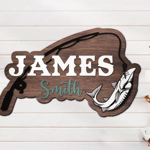 Custom Sturgeon Fishing Fish Pole Wood Nursery Name Sign Personalized Fisher Name Wooden Door Sign Decor Baby Shower Boy Girl Birthday Gift