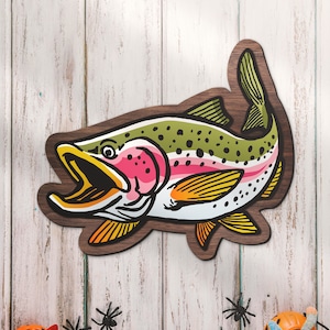 Regenbogen Forelle Angeln Holz Fisch Wand Kunst Große hölzerne Fischer Name Hängen Türschild Wanddekor Kind Jungen Mädchen Nursey Dekoration