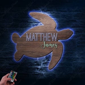 Custom Turtle 3D Wood Nursery Name LED Lights Sign Personalized Large Beach Turtle Lover Wooden Wall Room Decor Baby Shower Boy Birthday