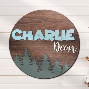 Letrero de madera 3D personalizado con nombre para guardería, diseño de bosque de montaña personalizado, redondo, grande, de madera, para baby shower, regalo de cumpleaños para niño y niña