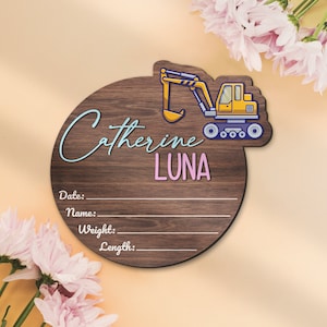 Baby Girl Name Sign With Excavator Wooden Name Sign, Custom Birth Hospital Sign, Wooden Birth Announcement Welcome For Newborn Baby Girl Boy