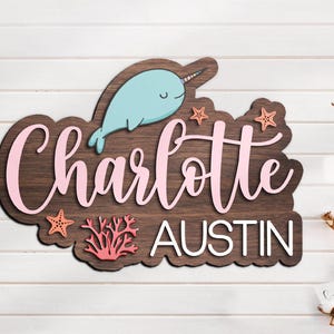 Custom Narwhal Whale 3D Wood Nursery Name Sign Personalized Ocean Beach Funny Name Wooden Above Crib Decor Baby Shower Girl Kid Room Gift