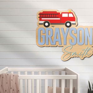 Custom Firetruck Firefighter Wooden Nursery Name Sign Personalized Fire Truck Wood Home Crib Farmhouse Baby Shower Boy Girl Kid Room Decor