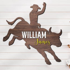 Custom Cute Bull Riding Rodeo Wood Nursery Name Sign Personalized Wooden Western Cowboy Crib Wall Decor Baby Shower Boy Girl Birthday Gift