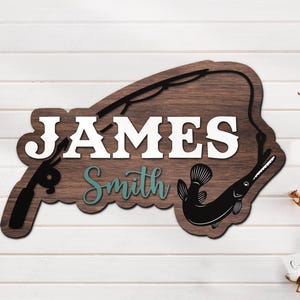 Custom Alligator Gar Fish Pole Wood Nursery Name Sign Personalized Fisher Name Wooden Door Sign Decor Baby Shower Boy Girl Birthday Gift