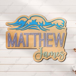 Custom Wave Beach 3D Kid Woodland Nursery Name Sign Personalized Summer Beach Lover Wooden Wildlife Wall Decor Baby Shower Boy Girl Birthday