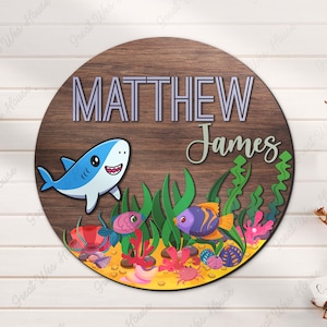 Custom Under The Sea Animal Wood Nursery Name Sign Personalized Shark Lovers Wooden Above Crib Decor Navy Sign Baby Shower Boy Girl Birthday
