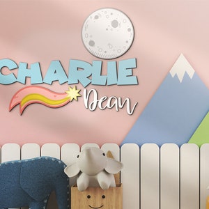 Luna personalizada y estrella apellido madera nombre de la guardería signo personalizado astronauta madera sobre la pared de la cuna decoración bebé ducha niño niña regalo de cumpleaños