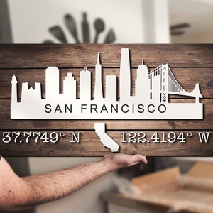 Custom San Francisco Skylines Coordinates Family Wood Name Sign Personalized Wooden Wedding California State Decoration Sign Birthday Xmas