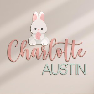 Personalized Cute Bunny Wooden Nursery Name Sign Custom Rabbit Baby Name Wall Decor Decoration Baby Shower Unique Girl Kid Room Gift