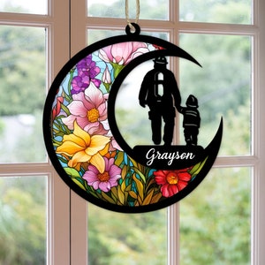 Custom Handmade Name Firefighter With Son Decor, Fireman Memorial Suncatcher, Loss Of Sympathy Gift, Engraved Lovers, Family Lover
