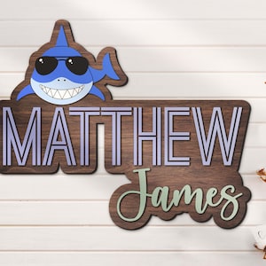Custom Cute Shark 3D Wooden Nursery Name Sign Personalized Beach Summer Wood Home Crib Decoration Baby Shower Birthday Gift Boy Kid Room