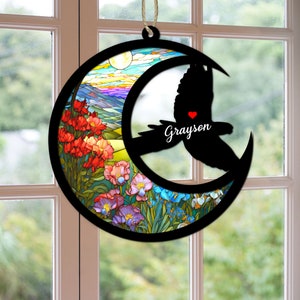 Decoración de loro personalizada y hecha a mano, atrapasol conmemorativo para mascotas, regalo de condolencia por la pérdida de una mascota, cacatúa grabada, colgante para ventana para amantes de los animales