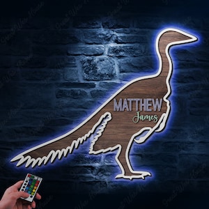 Nome personalizado do berçário de madeira do dinossauro luzes led sinal personalizado archaeopteryx animal safari t rex decoração da sala de parede de madeira chá de bebê presente do menino