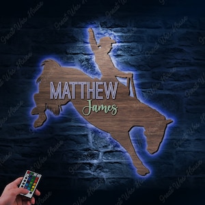 Personalizado lindo vaquero montando caballo madera vivero nombre luces LED signo personalizado occidental pared de madera decoración de la habitación Baby Shower niño regalo