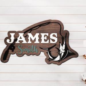 Custom Marlin Fish Pole Wood Nursery Name Sign Personalized Fisher Name Wooden Door Sign Decor Baby Shower Boy Girl Birthday Gift