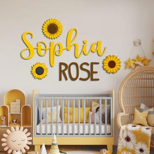 Placa de madeira com letras de girassol personalizadas para berçário, decoração de parede floral boho, chá de bebê, presente de dia das mães para meninas, presente para mãe