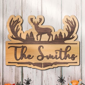 Custom ELK Deer Hunting 3D Wood Name Sign Personalized Buck Head Hunter Wooden Decor Antler Cabin Name Decoration Housewarming Xmas Birthday
